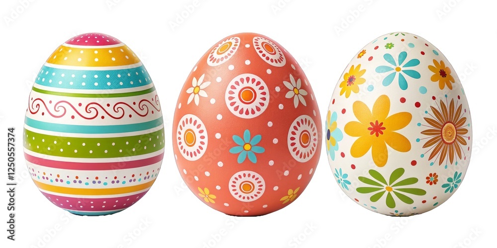 Easter eggs with floral and geometric patterns on a white background, concept for holiday banners, decor, and seasonal promotions, suitable for retailers, digital marketers, and craft businesses. Easter eggs with floral and geometric patterns on a white background, concept for holiday banners, decor, and seasonal promotions, suitable for retailers, digital marketers, and craft businesses.