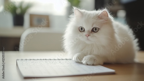 Fluffy white persian cat sitting beside blank calendar cozy room photography indoor cat lover’s dream photo