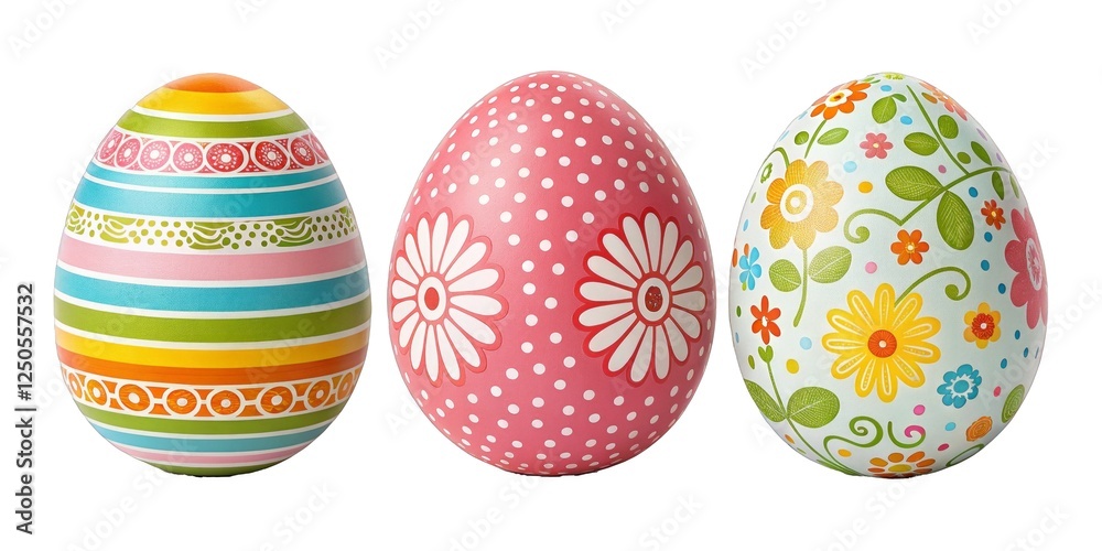 Easter eggs with floral and geometric patterns on a white background, concept for holiday banners, decor, and seasonal promotions, suitable for retailers, digital marketers, and craft businesses. Easter eggs with floral and geometric patterns on a white background, concept for holiday banners, decor, and seasonal promotions, suitable for retailers, digital marketers, and craft businesses.