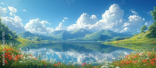 Serene landscape with soft colors and clear blue sky reflecting in tranquil lake surrounded by lush greenery and vibrant wildflowers. photo