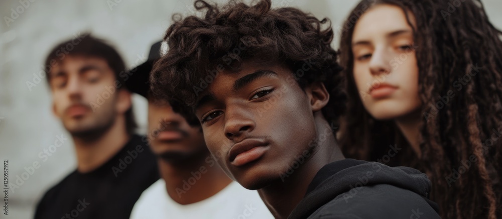 Fototapeta premium Young diverse group of people posing with a candid expression and blank space for text in an urban setting