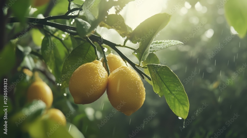 Lemon tree close up showcasing ripe yellow lemons on branch in lush tropical setting with raindrops symbols of agriculture and nature bounty Lemon tree close up showcasing ripe yellow lemons on branch in lush tropical setting with raindrops symbols of agriculture and nature bounty