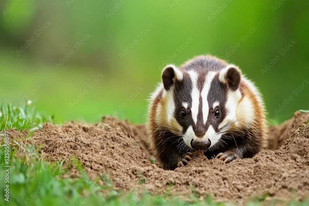 Badger emerging from burrow in lush green forest wildlife photography nature setting close-up view Badger emerging from burrow in lush green forest wildlife photography nature setting close-up view