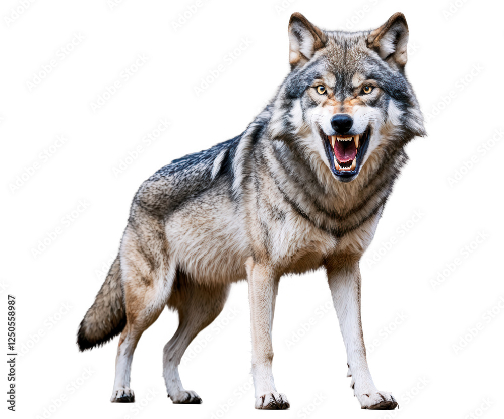 Obraz premium A furious gray wolf in mid-snarl, fur standing on end, with a transparent background