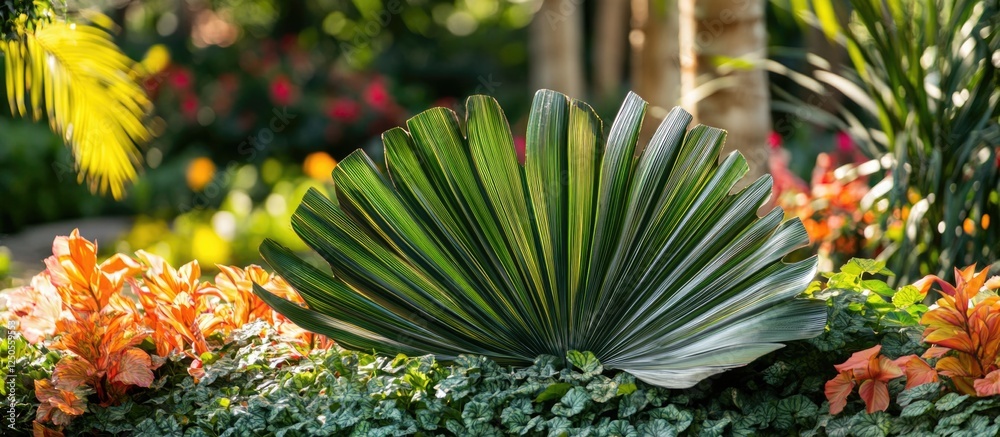 Fototapeta premium Decorative palm leaf in a vibrant botanical garden surrounded by colorful flowers and lush greenery.