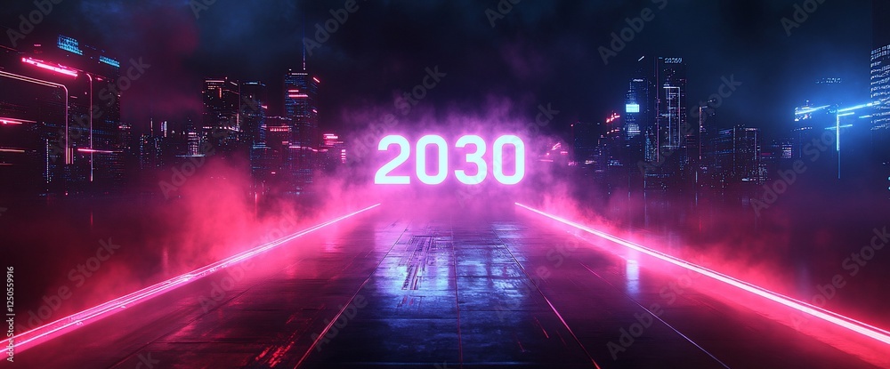 Futuristic highway leading to 2030, neon lights, city skyline. Futuristic highway leading to 2030, neon lights, city skyline.