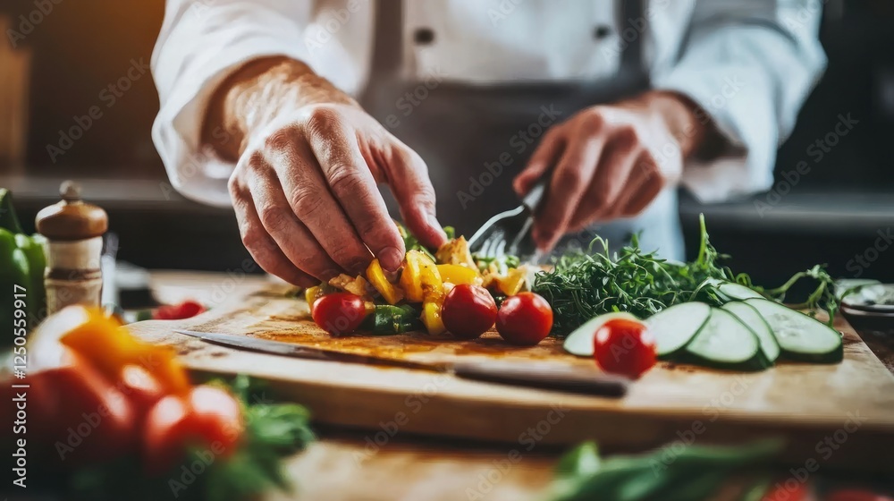 Culinary Artistry: A Chef's Hands Preparing a Vibrant Vegetable Salad Culinary Artistry: A Chef's Hands Preparing a Vibrant Vegetable Salad