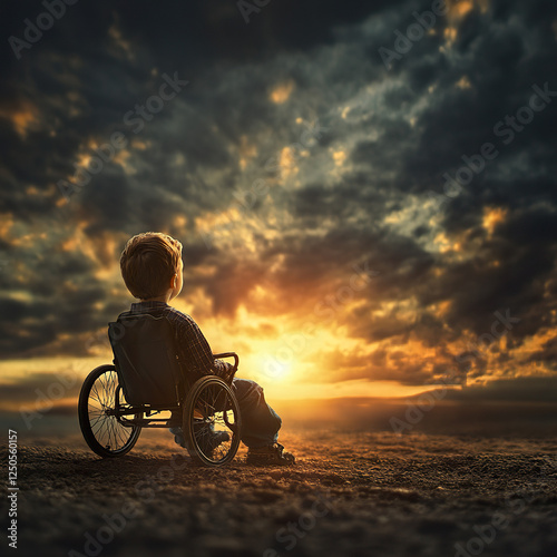 A disable child observing sunset.