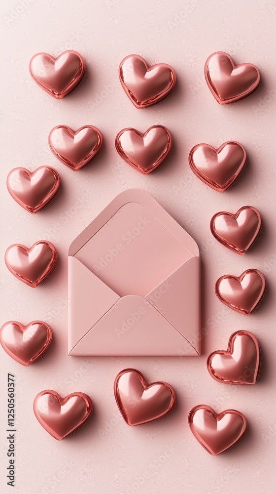 Obraz premium Pink envelope surrounded by heart shaped chocolates on light pink background