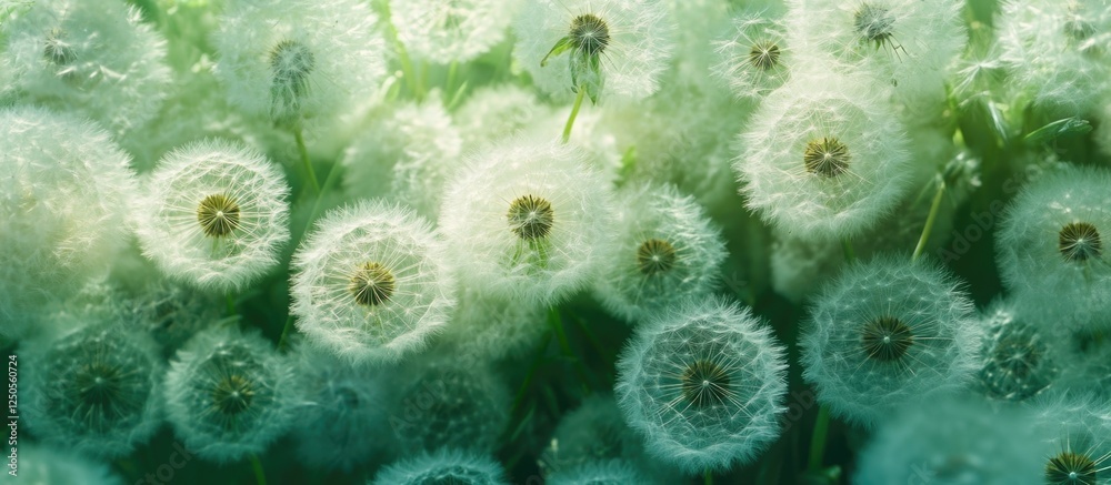 Close-up of fluffy dandelions creating a textured background showcasing delicate white seed heads in soft natural lighting Close-up of fluffy dandelions creating a textured background showcasing delicate white seed heads in soft natural lighting
