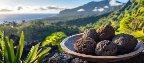 Lava rock stones from Piton de la Fournaise captured in a scenic landscape of La RÃ©union Island with lush greenery and ocean views. photo