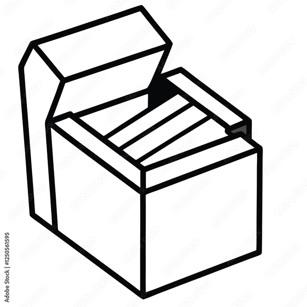 black line art drawing of a rectangular cigarette pack with an open flip-top lid 