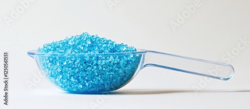 Laundry detergent in clear measuring scoop filled with blue granules on a neutral background for household cleaning products. photo