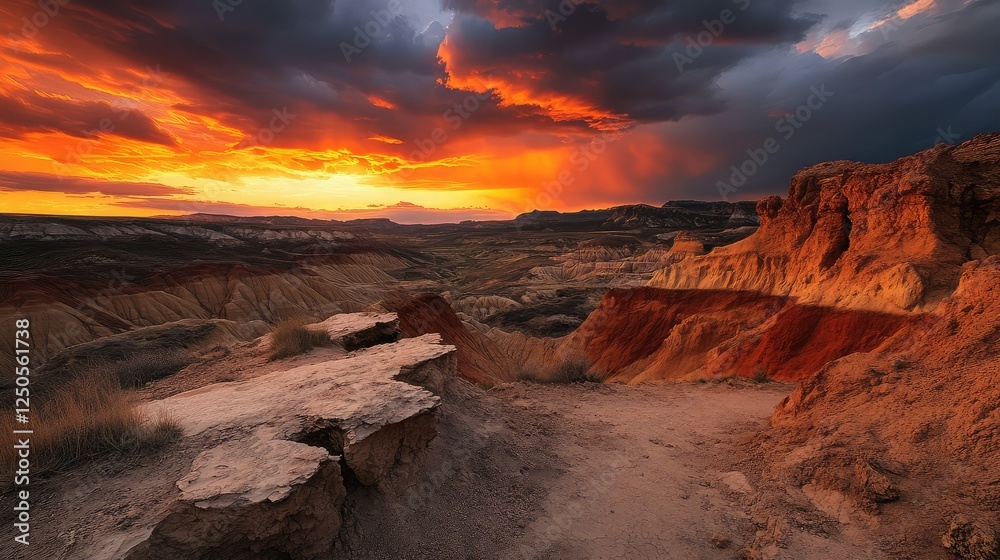Fototapeta premium Breathtaking Sunset Over Rugged Landscape with Dramatic Clouds and Vibrant Colors, Capturing Nature's Beauty in a Desert Canyon at Dusk