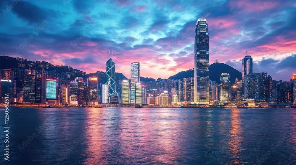 Stunning panoramic view of a vibrant Hong Kong skyline at dusk, featuring modern skyscrapers reflecting on the water with dramatic colorful clouds in the background. Stunning panoramic view of a vibrant Hong Kong skyline at dusk, featuring modern skyscrapers reflecting on the water with dramatic colorful clouds in the background.