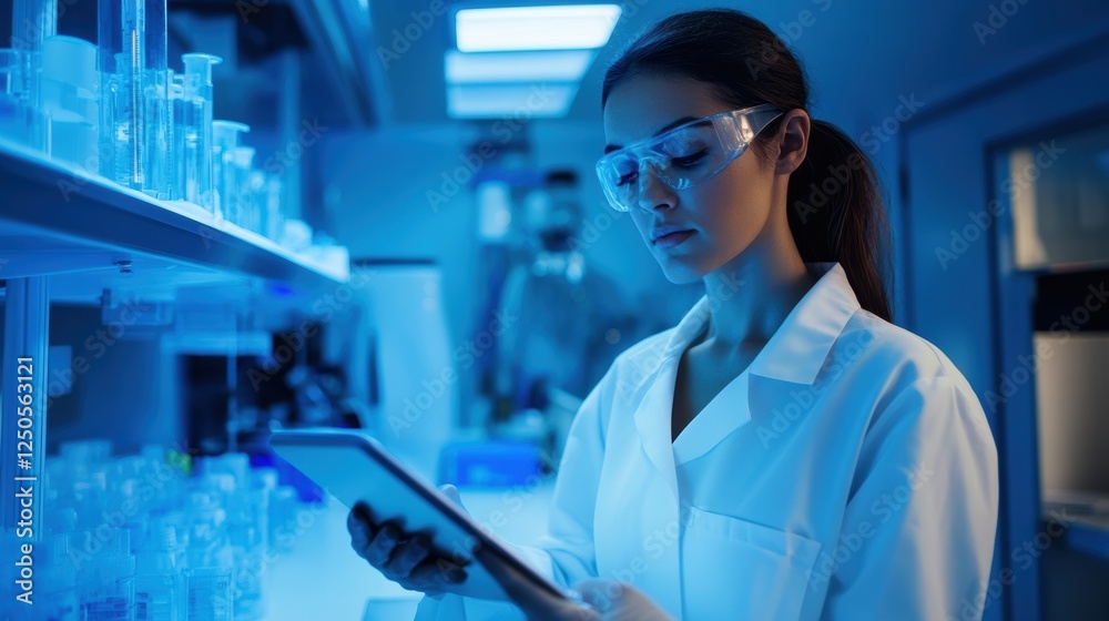 High-fidelity medical research doctor using tablet in professional laboratory environment High-fidelity medical research doctor using tablet in professional laboratory environment