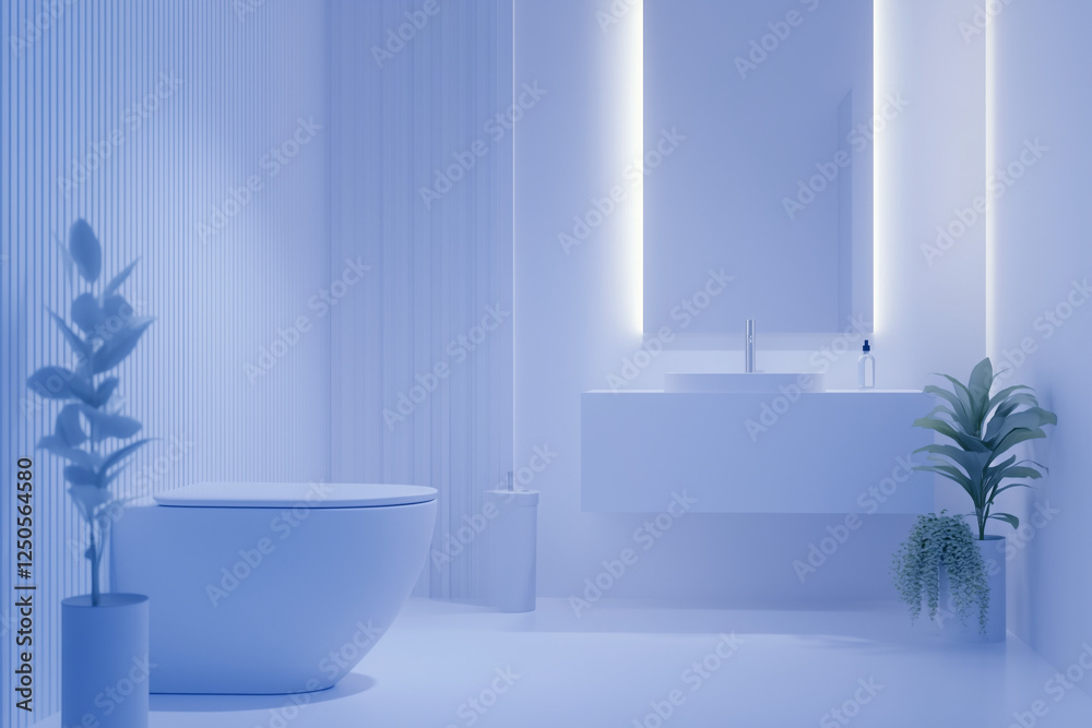 Fototapeta premium A modern minimalist toilet interior with sleek white fixtures, a floating vanity, and soft ambient lighting, with copy space. Bright even lighting.