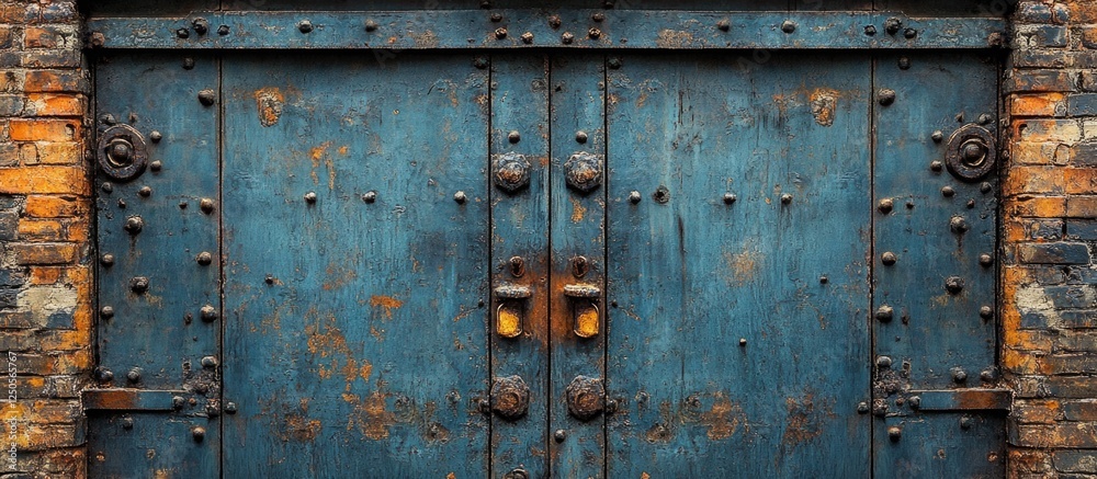 Rustic iron grey door with weathered texture and intricate metalwork on a weathered brick wall background. Rustic iron grey door with weathered texture and intricate metalwork on a weathered brick wall background.