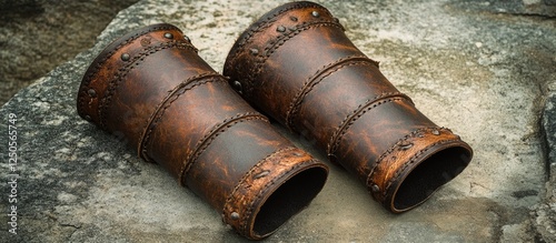 Medieval leather bracers displayed on stone surface showcasing historical craftsmanship and protection in armor design. photo