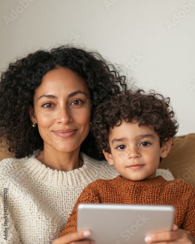 Family Connection Technology Indian Mother Explains Digital Balance to Son in Cozy Living Room - Modern Parenting Guidance and Sustainable Home Decor for Educational Content Creation photo