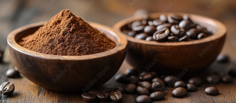 Close-up of instant coffee powder mixed with sugar in a wooden bowl and whole coffee beans in another wooden bowl on a rustic table Close-up of instant coffee powder mixed with sugar in a wooden bowl and whole coffee beans in another wooden bowl on a rustic table