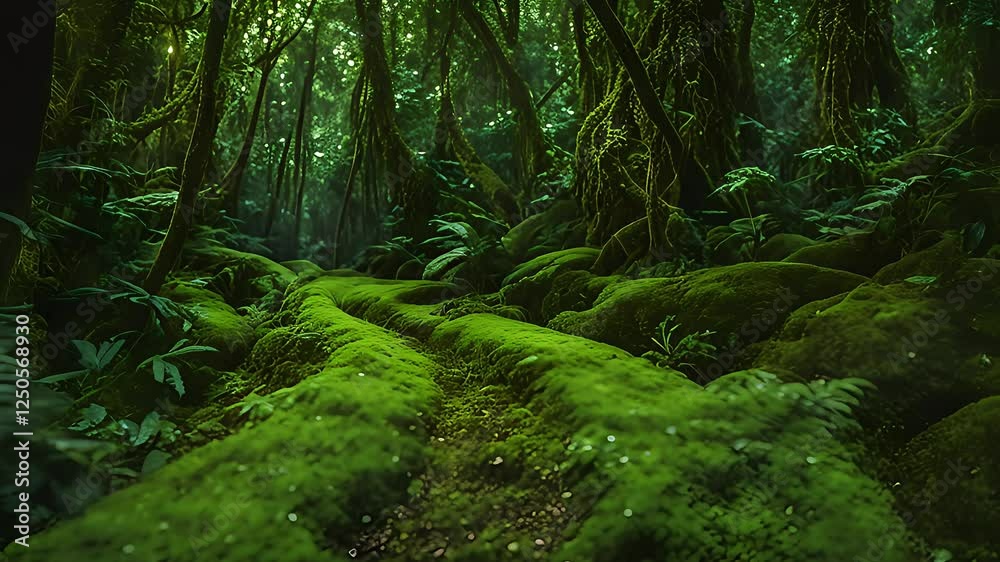 Lush Green Forest Path with Mossy Rocks Lush Green Forest Path with Mossy Rocks
