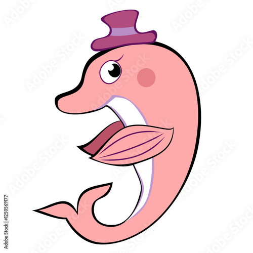 funny pink dolphin,Vector cute illustration of a funny pink dolphin jumping fun on a white background.