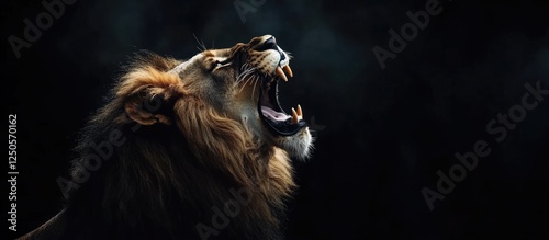 Majestic lion roaring in the wild demonstrating raw strength with dark background space for text and design elements photo