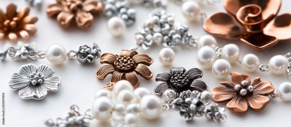 Creative crafting materials featuring ivory pearls and an assortment of silver plated and copper flower charms on a white background. Creative crafting materials featuring ivory pearls and an assortment of silver plated and copper flower charms on a white background.
