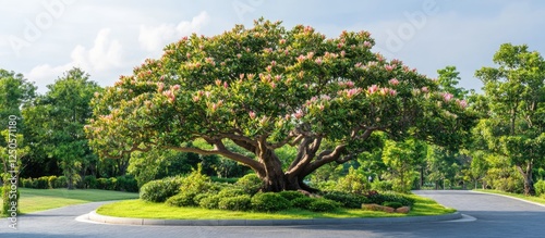 Magnolia trees in full bloom lining a scenic road with lush green lawn and ample space for text or branding in a peaceful setting photo