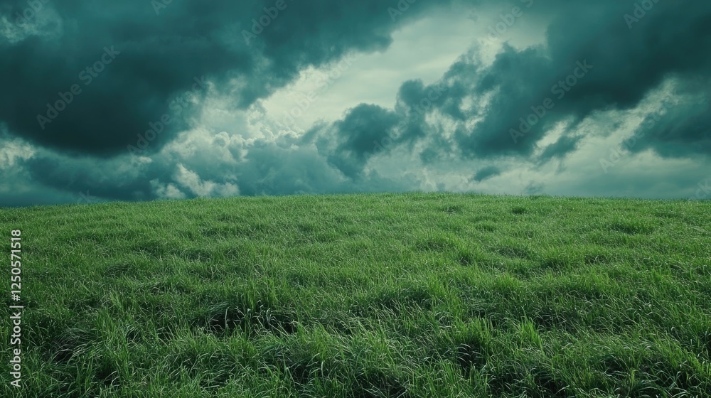 Lush green grass field under stormy sky with dark clouds creating a dramatic atmosphere and vibrant natural scenery