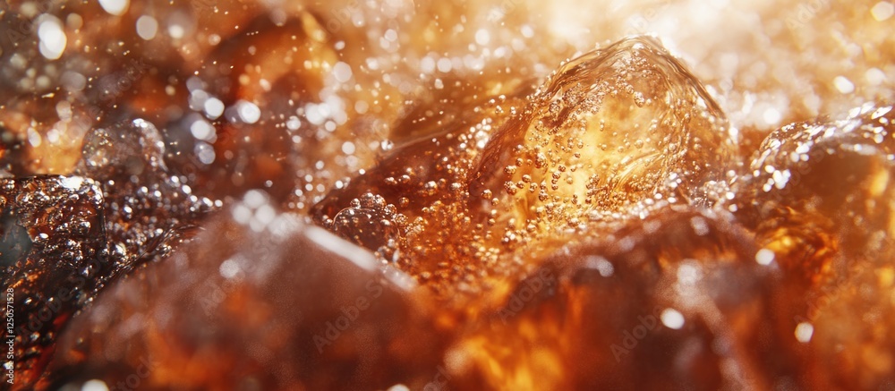 Fototapeta premium Macro shot of cola bubbles and ice cubes creating an abstract food background with shimmering reflections and vibrant tones.