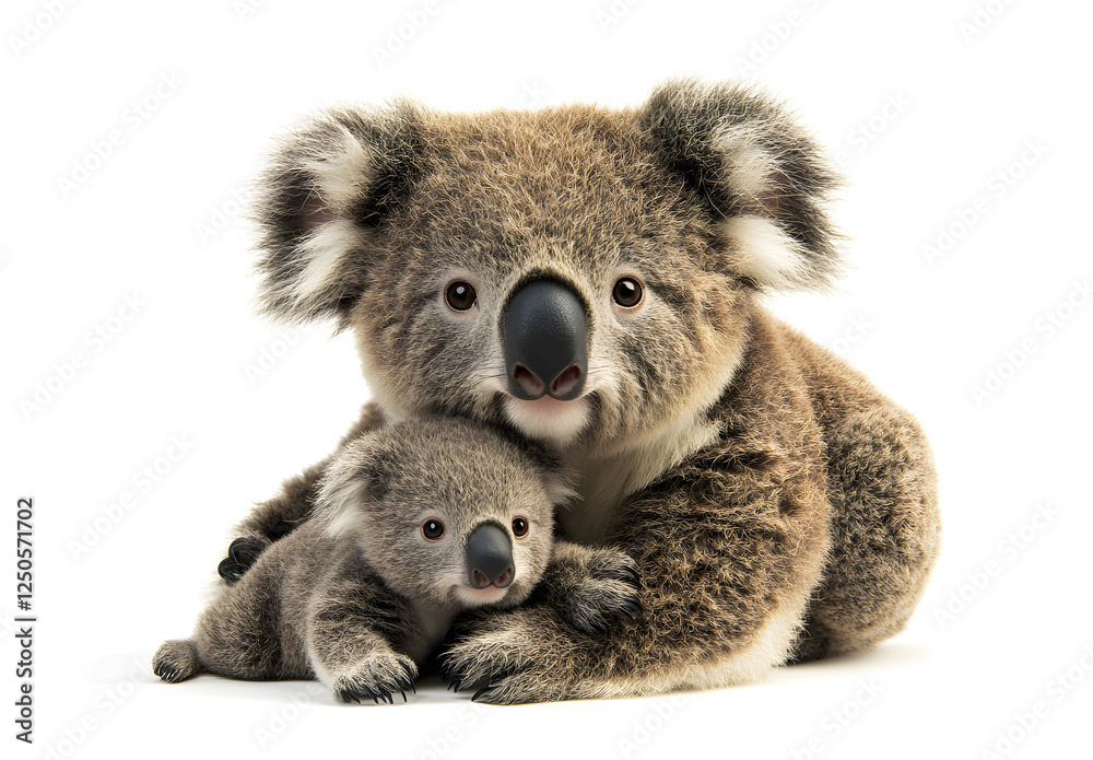 Ultra-realistic koala with baby on a white background, no shadows. Ultra-realistic koala with baby on a white background, no shadows.