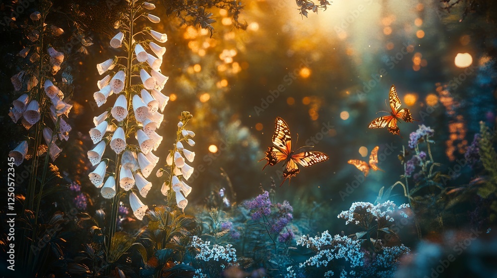Fototapeta premium Enchanting Sunset in a Magical Forest with Butterflies and Foxgloves