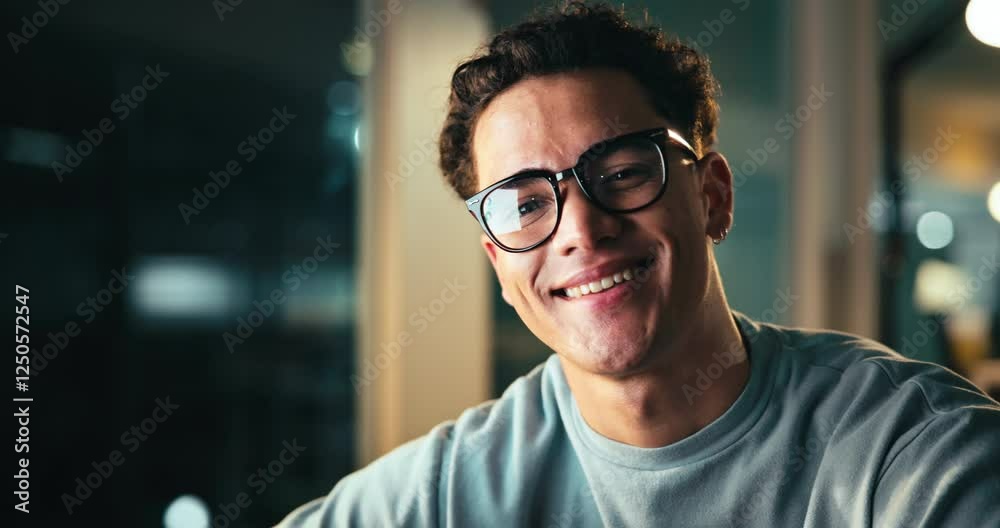 Man, face and night employee in office, computer and glasses for reflection at publishing agency. Portrait, journalist professional and deadline for news article, reporter and working late on project