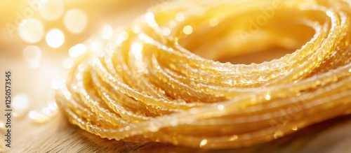 Close up of tangled strands of cooked gluten free spaghetti pasta illuminated by soft light showcasing its texture and golden hue photo