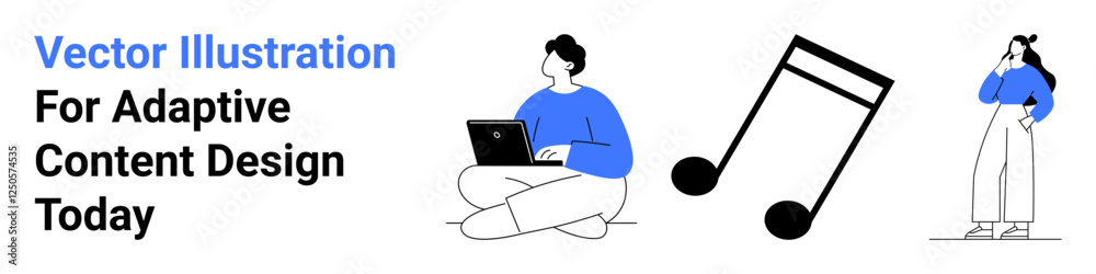 Young person with laptop, music note, and contemplative individual. Ideal for technology, education, creativity, entertainment, adaptability lifestyle productivity. Perfect for flat landing page Young person with laptop, music note, and contemplative individual. Ideal for technology, education, creativity, entertainment, adaptability lifestyle productivity. Perfect for flat landing page