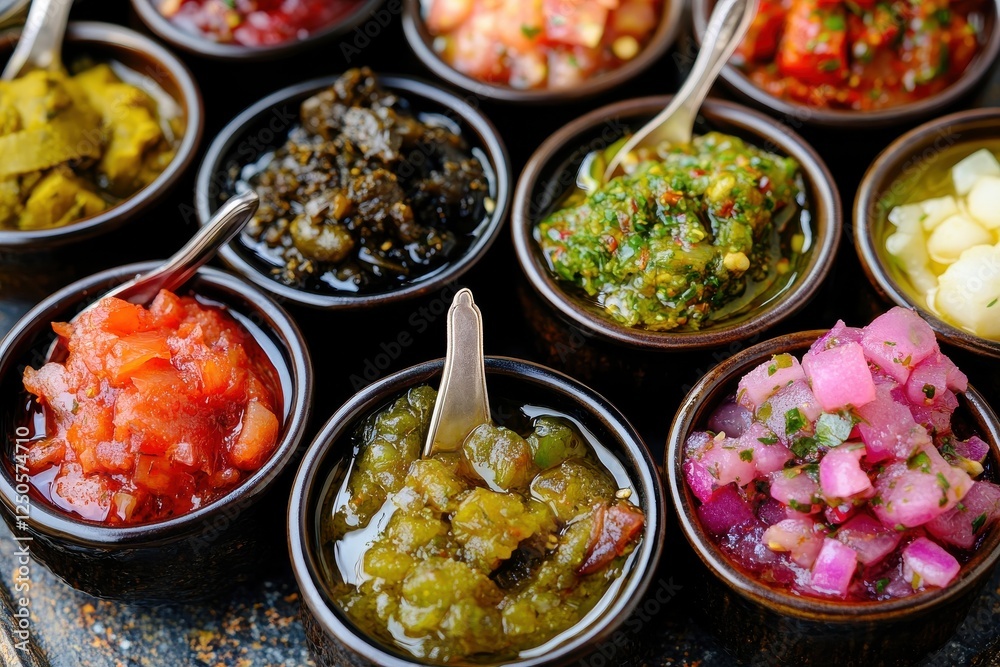 Colorful Variety of Fresh Salsas and Sauces in Small Bowls Colorful Variety of Fresh Salsas and Sauces in Small Bowls