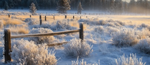 Frost-coated meadow with fence posts and trees under a clear blue sky during winter morning light photo