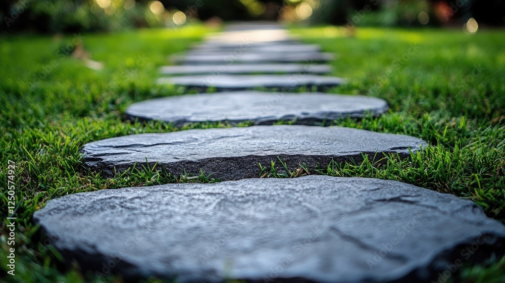 A pathway made of square stone slabs,