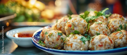 Thai Street Food Traditional Meatballs Garnished with Herbs Served on Plate with Dipping Sauce Delicacy Culinary Background photo