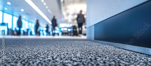 Carpeted wall sign directing passengers to departure gate in Munich Airport with blurred travelers in background during February 2024 photo