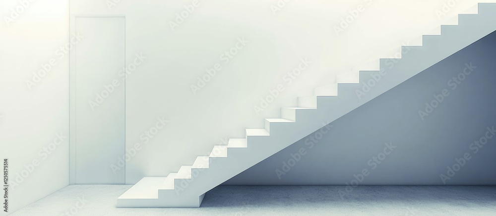Obraz premium Modern Minimalist Interior Featuring Asymmetrical Stairs and Expansive Empty Space for Design Elements and Natural Light