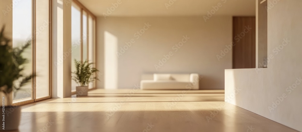 Fototapeta premium Minimalist Apartment Interior Featuring Simple Furniture with Blurred Bokeh Effect and Ample Copy Space for Text in Serene Atmosphere