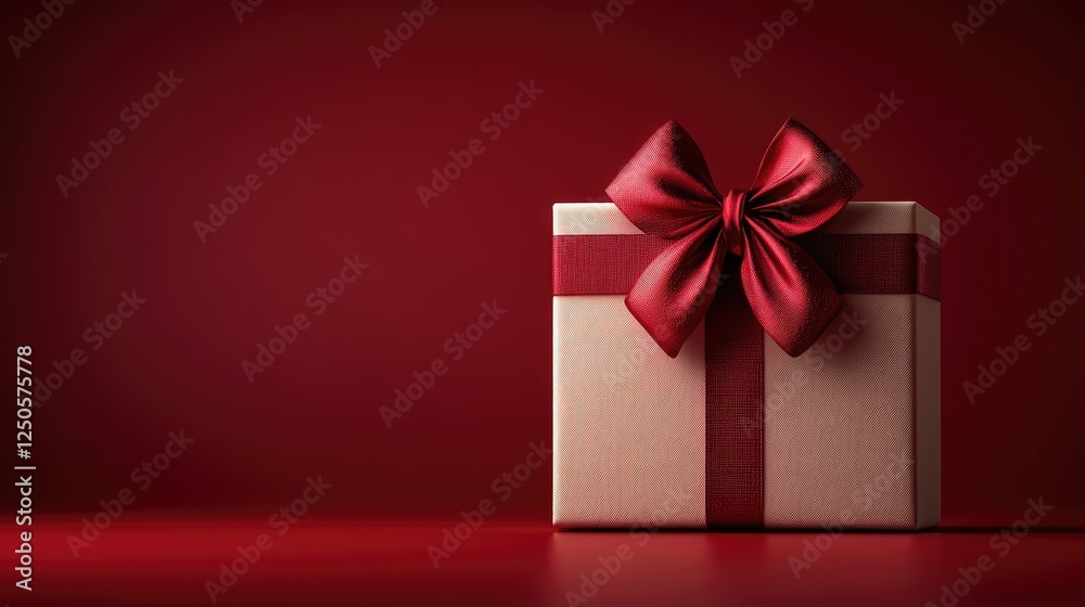 A closed gift box with a smooth, white exterior adorned with a large, A closed gift box with a smooth, white exterior adorned with a large,