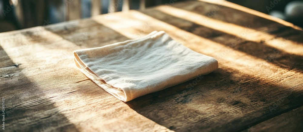 Folded napkin resting on rustic wooden table highlighted by warm, natural lighting creating a cozy and inviting dining atmosphere. Folded napkin resting on rustic wooden table highlighted by warm, natural lighting creating a cozy and inviting dining atmosphere.