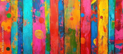 Vibrant multicolored wooden fence with abstract art patterns creating a cheerful and engaging background for various design projects