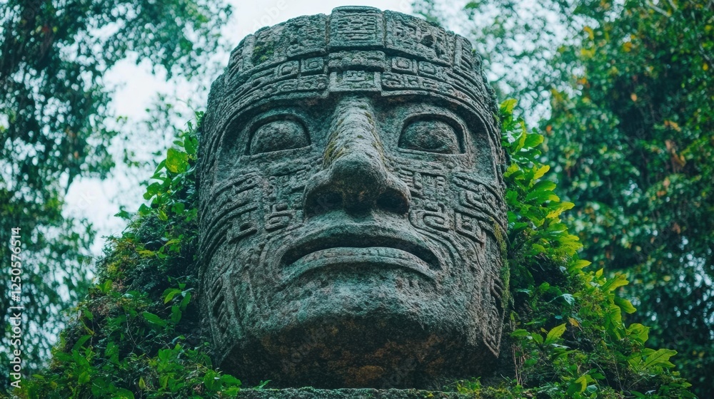 Ancient Stone Head Surrounded by Lush Greenery in Mysterious Forest Ancient Stone Head Surrounded by Lush Greenery in Mysterious Forest