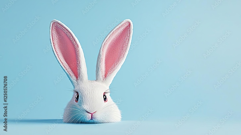 Fototapeta premium Easter Sunday Celebration Decorations Family Pastel Colors Egg Hunt Festival Cute white bunny with pink ears, against blue.