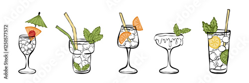 Alcoholic cocktails collection. Hand drawn line vector illustration.